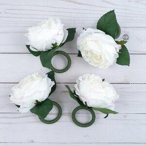 Napkin Rings Floral White Peony Flowers Pink Accent Set of 4